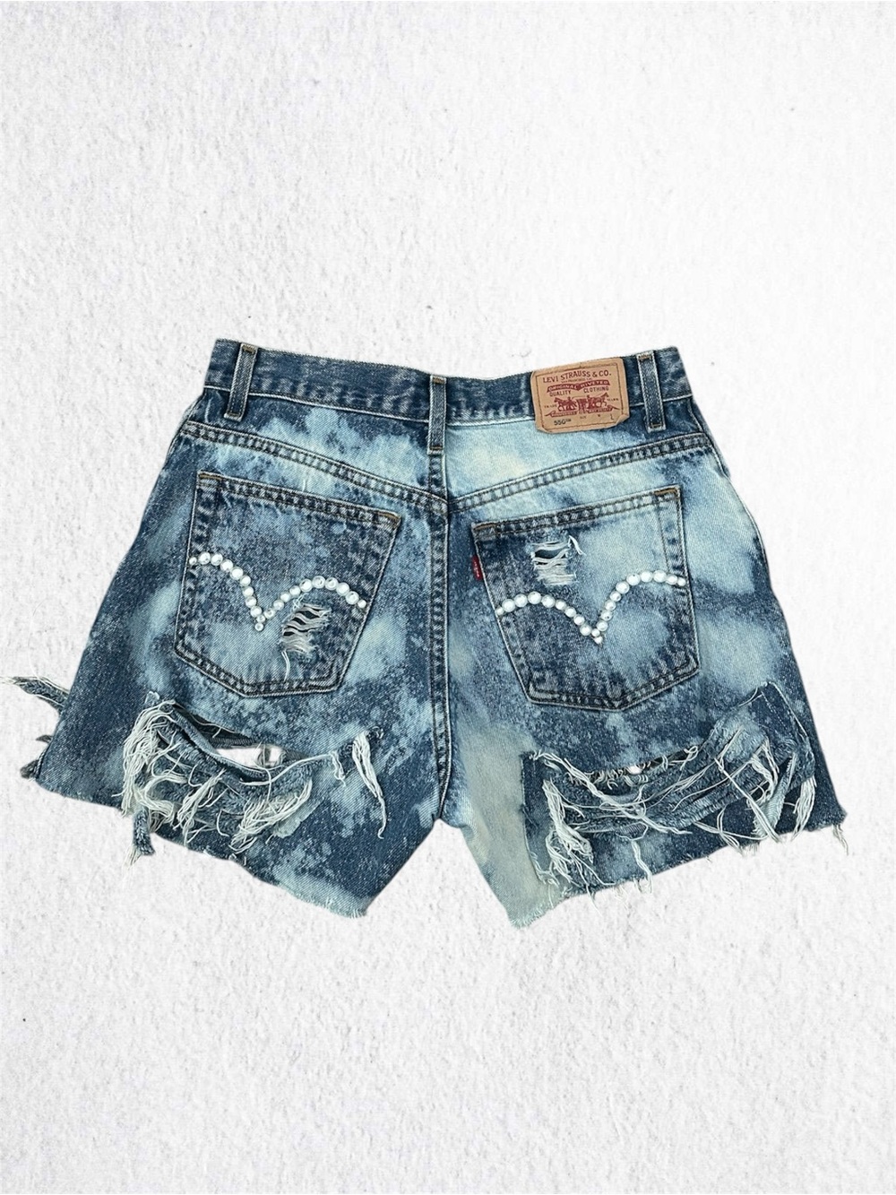 Reconstructed Levi's 550 Denim Shorts|Bleached, Distressed & Embellished Blue